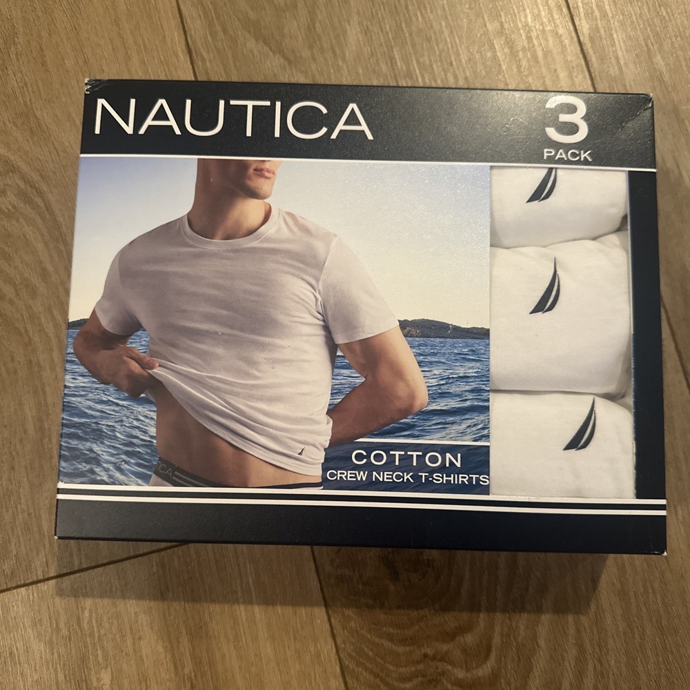 Nautica‎ Men's Cotton Crew Neck T-Shirts White Logo 3 Pack Small (34-36)
